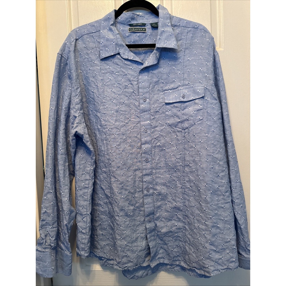 Cubavera Mens XXL Blue 100% Linen Long Sleeve Dobby Geometric Button Down Shirt‎
